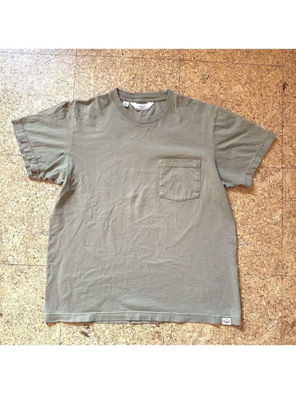 Battenwear Short Sleeve Pocket T-Shirt Men's S Khaki Green Cotton Boxy Workwear